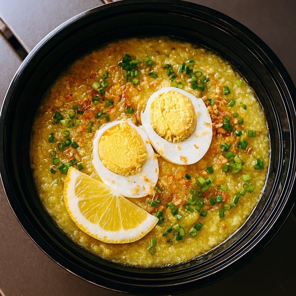 Filipino arroz caldo in a black bowl, garnished with boiled eggs, lemon, and green onions.